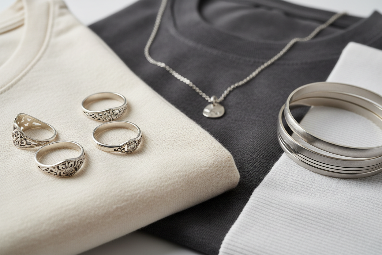 Me gustaria una imagen que muestre mi joyeria de plata fina, mezclado con mis poleras de algodón, no necesariamente debe ser explicito, pero si hacer referencia a estos 2 mundos. Debe ser una imagen de calidad y que se vea con mucho detalle y zoom, para dejarlo en la pagina principal